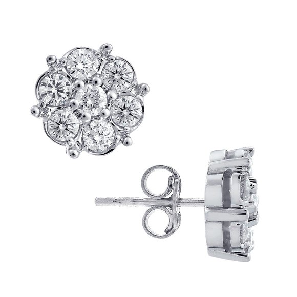 1.00 Carat Round Cut Diamond Cluster Stud Earrings 14K White Gold - Picture 1 of 6